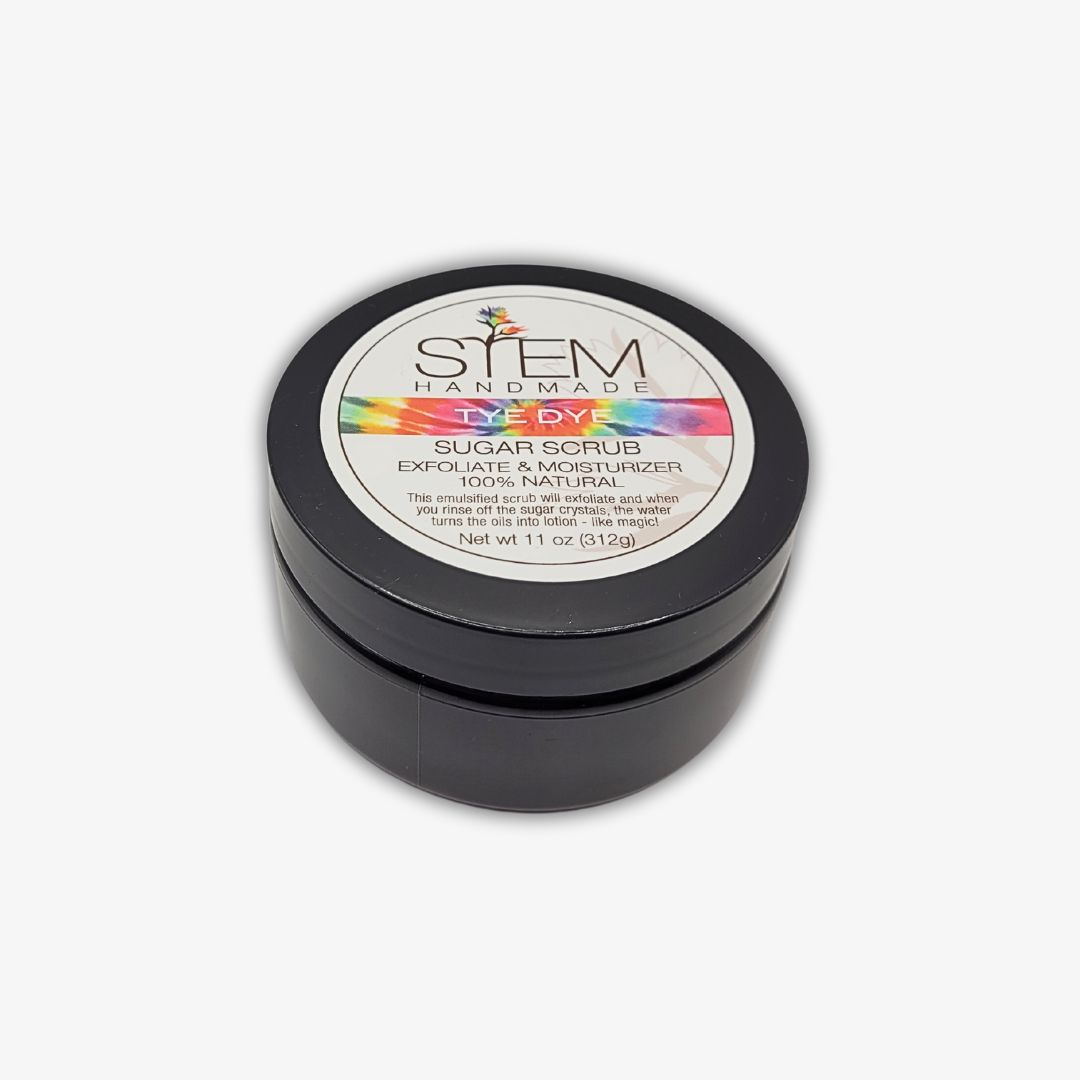 Tye Dye Sugar Scrub made with essential oils of black current, vanilla, orange and vetiver